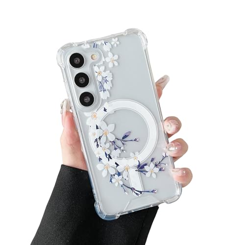 DEFBSC Magnetisch Hülle für Samsung Galaxy S23 Kompatibel mit MagSafe, Transparent Hülle mit Florale Blumen Muster Design Hart PC Rückseite Dünne Stoßfest Kratzfestes Schutzhülle - Weiße Birnenblüte von DEFBSC