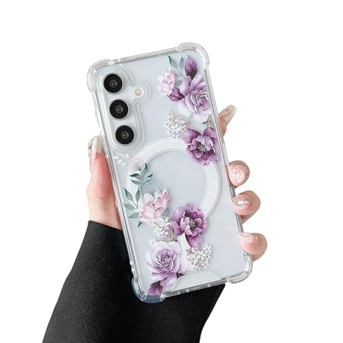 DEFBSC Magnetisch Hülle für Samsung Galaxy S24 Kompatibel mit MagSafe, Transparent Hülle mit Florale Blumen Muster Design Hart PC Rückseite Dünne Stoßfest Kratzfestes Schutzhülle - Lila Pfingstrose von DEFBSC