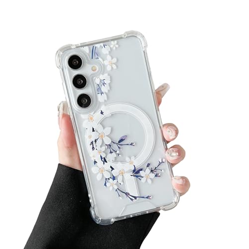 DEFBSC Magnetisch Hülle für Samsung Galaxy S24 Kompatibel mit MagSafe, Transparent Hülle mit Florale Blumen Muster Design Hart PC Rückseite Dünne Stoßfest Kratzfestes Schutzhülle - Weiße Birnenblüte von DEFBSC