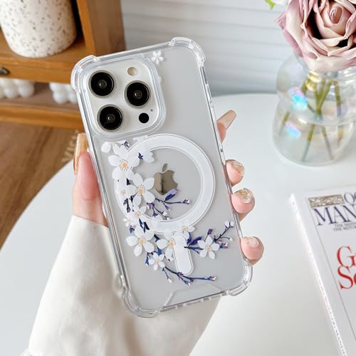 DEFBSC Magnetisch Hülle für iPhone 14 Pro Kompatibel mit MagSafe, Transparent Hülle mit Florale Blumen Muster Design Hart PC Rückseite Dünne Stoßfest Kratzfestes Schutzhülle - Weiße Birnenblüte von DEFBSC