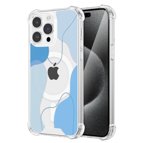 DEFBSC Magnetisch Hülle für iPhone 15 Pro(Kompatibel mit MagSafe), Transparentes Linie Ästhetisch Design Handyhülle Hart PC Rückseite Stoßfeste Kratzfest Klar Schutzhülle - Blau von DEFBSC