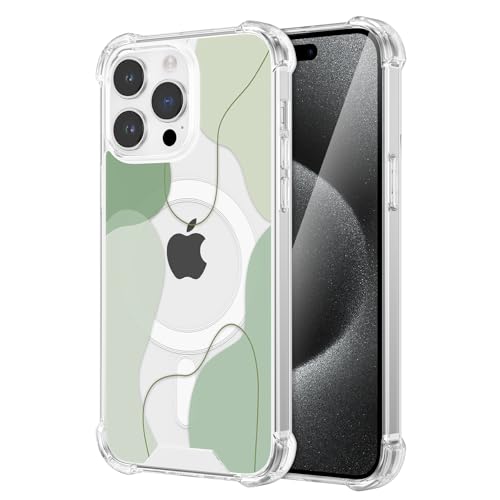 DEFBSC Magnetisch Hülle für iPhone 15 Pro Max(Kompatibel mit MagSafe), Transparentes Linie Ästhetisch Design Handyhülle Hart PC Rückseite Stoßfeste Kratzfest Klar Schutzhülle - Grün von DEFBSC