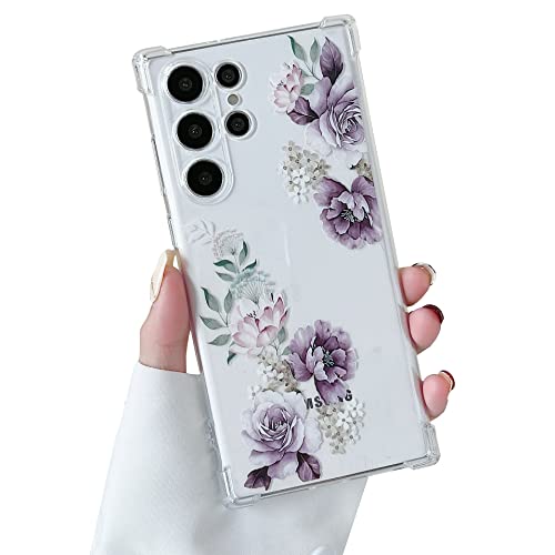 DEFBSC Weiche Hülle Kompatibel mit Samsung Galaxy S23 Ultra, Transparent Florale Blumen Muster Design für Mädchen Klar TPU Dünne Stoßfest Kratzfestes Handyhülle Schutzhülle - Lila Pfingstrose von DEFBSC