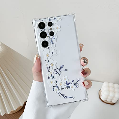 DEFBSC Weiche Hülle Kompatibel mit Samsung Galaxy S24 Ultra, Transparent Florale Blumen Muster Design für Mädchen Klar TPU Dünne Stoßfest Kratzfestes Handyhülle Schutzhülle - Weiße Birnenblüte von DEFBSC