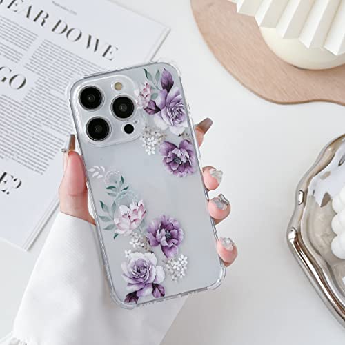 DEFBSC Weiche Hülle Kompatibel mit iPhone 13 Pro, Transparent Florale Blumen Muster Design für Mädchen Klar TPU Dünne Stoßfest Kratzfestes Handyhülle Schutzhülle - Lila Pfingstrose von DEFBSC