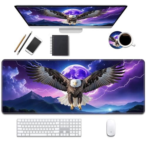 Schreibtischunterlage, Gaming-Mauspads mit Untersetzern, genähte Kanten, XL-Mauspad für Laptop, Computer, Weißkopfseeadler, Schreibtischunterlage für Büro und Zuhause, 80 x 30 cm von DEHJYYIJUY