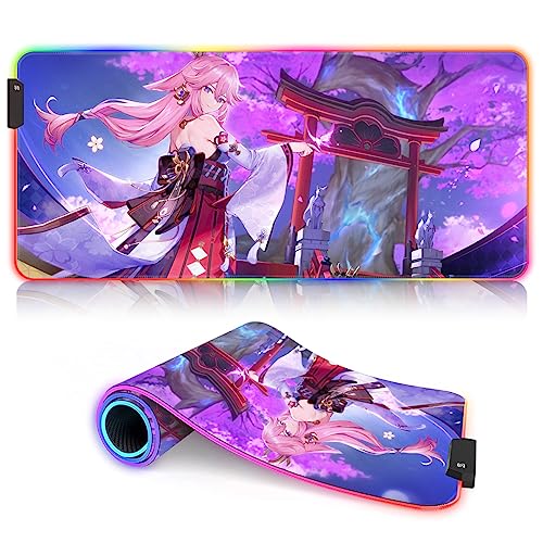 DEHUA Mouse Combo Pad XXXL Tappetino per Mouse LED Genshin Impact Grande personaggio del gioco RGB Yae Miko 7 Colori e 12 modalità （40x90cm） von DEHUA