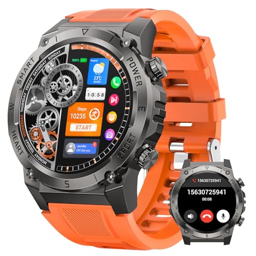 DEKELIFE Smartwatch Herren Militär mit Telefonfunktion, 1.46" Uhren Herren mit 500mAH, IP68 Wasserdicht, 120 Sportmodi, 24/7 Herzfrequenz, SpO2 und Schlafmonitor, Smartwatch für Android iOS, Orange von DEKELIFE