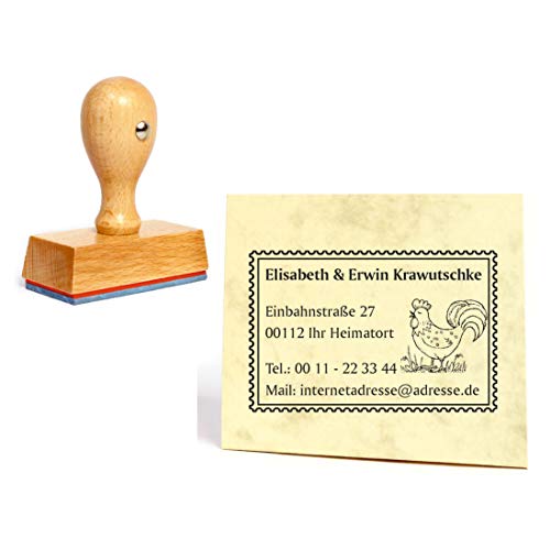 Stempel Gockel Hahn Briefmarke - mit Name und Adresse 60 x 40 mm von DEKO-LANDO