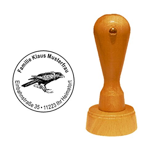 Stempel personalisiert runder Holzstempel Rabe auf ast Krähe Crow Adressstempel Ø 40 mm mit persönlicher Adresse und Motiv von DEKOLANDO