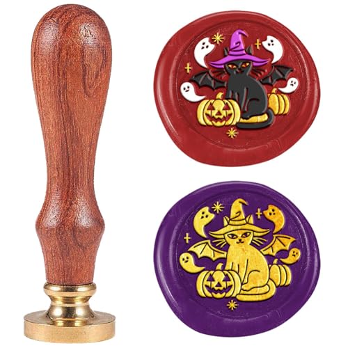 DELORIGIN Siegelstempel Aus Wachs Mit Halloween Katze Vintage Siegelstempel 25mm Abnehmbarer Messingkopf Siegelstempel Mit Holzgriff Zum Verpacken von Halloween Geschenken von DELORIGIN