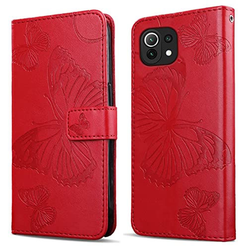 DENDICO Hülle für Xiaomi MI 11 Lite 4G / 5G, PU Leder Magnetverschluss Flip Handyhülle Schutzhülle mit Standfunktion und Kartenfach für Xiaomi MI 11 Lite 4G / 5G, Rot von DENDICO