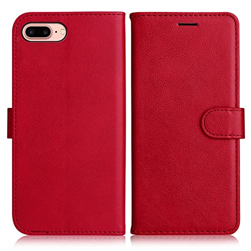 DENDICO Hülle für iPhone 8 Plus/iPhone 7 Plus, PU Leder Brieftasche Handyhülle, Flip Tasche TPU Schutzhülle mit Kartenfach für iPhone 8 Plus/iPhone 7 Plus, Rot von DENDICO