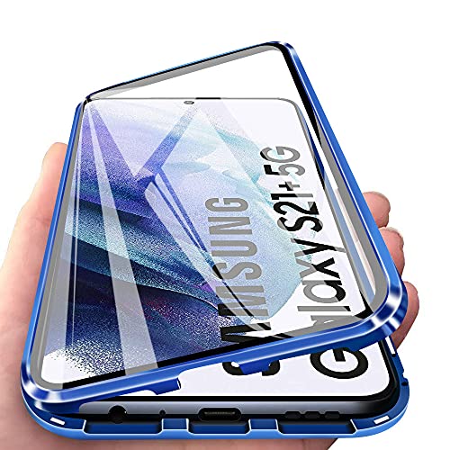 DEVASO Hülle kompatibel mit Samsung Galaxy S21 Plus/ S21+ Magnetische Adsorption 2 in 1 Stoßfest Hülle 360 Grad Schutzhülle Metall mit Gehärtetes Glas Flip Case - Dunkelblau von DEVASO
