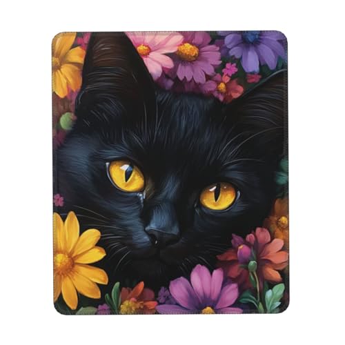 DFJMASFKOL Mauspad mit Blumenmotiv, schwarze Katze, bunte Blumen, Gaming-Schreibtischunterlage, Schreibtischunterlage für Damen, Mädchen, Büro, 20 x 24 cm von DFJMASFKOL