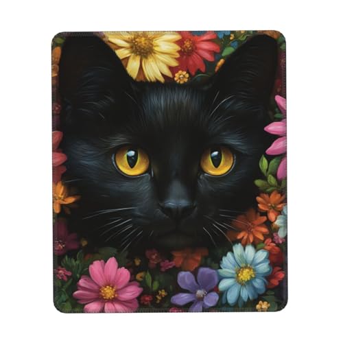 DFJMASFKOL Schreibtischunterlage mit Blumenmotiv, schwarze Katze, Gaming-Schreibtischunterlage, bunte Blumen, Mauspad, genähter Rand, rutschfestes Design, 25 x 30 cm von DFJMASFKOL