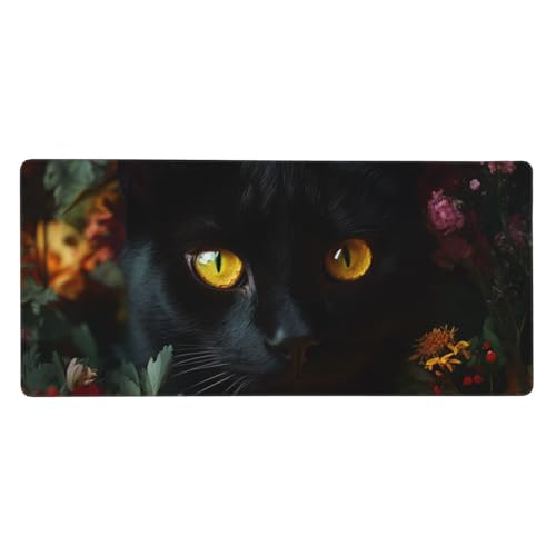 Mauspad mit Blumenmotiv, schwarze Katze, bunte Blumen, Gaming-Schreibtischunterlage für Mädchen, Frauen, Laptop, Computer, Tastatur und Mauspad, 40 x 90 cm von DFJMASFKOL