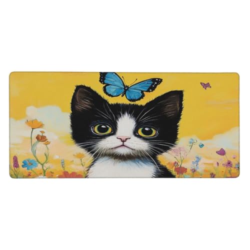 Schreibtischunterlage mit Blumen-Katze, schwarz-weiß, Katze, Gaming-Schreibtischunterlage, Schmetterlingskatze, Mauspad für Frauen, Büro, Schreibtisch, Dekor-Pad, 40 x 90 cm von DFJMASFKOL