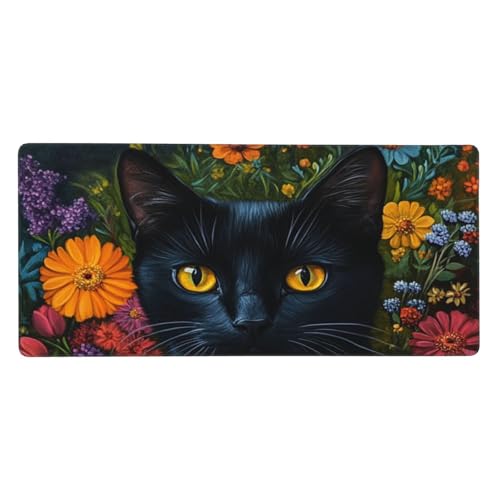 Schreibtischunterlage mit Blumenmotiv, schwarze Katze, Gaming-Schreibtischunterlage, bunte Blumen, Mauspad für Zuhause, Büro, Laptop, Desktop, 40 x 90 cm von DFJMASFKOL