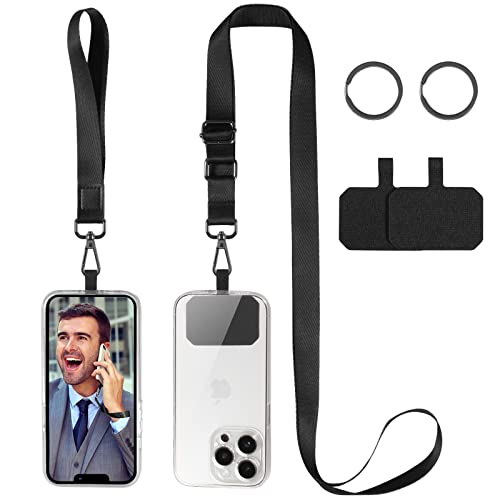 DGHYDZ Handy-Schlüsselband, Universal-Umhängeband, verstellbarer Schultergurt mit Handgelenkband, 2 Schlüsselringe, 2 Handy-Haltepads, kompatibel mit den meisten Smartphones (reines Schwarz) von DGHYDZ