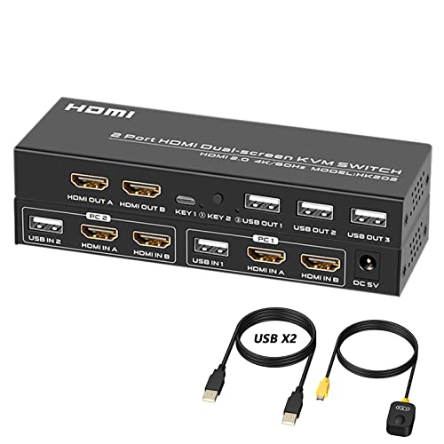 HDMI KVM Switch 2 PC 2 Monitore, 4K@60Hz Dual Monitore KVM Switches mit Netzteil, HDMI 2.0 und HDCP 2.2, mit Button Switch and 2 USB Kabel von DGODRT