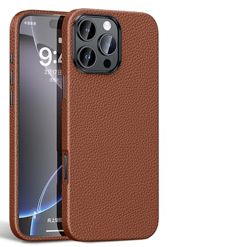 DHONGGY Echte Leder hülle für iPhone 16 Pro Max/16 Plus/16Pro/16, Magnetische Saug Abdeckung, Faser Futter Interne Schale Ultra Slim Case, Braun, 16 Plus von DHONGGY