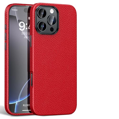 DHONGGY Echte Leder hülle für iPhone 16 Pro Max/16Plus/16Pro/16, Magnetische Saug Abdeckung, Faser Futter Interne Schale Ultra Slim Case, Rot, 16 Pro Max von DHONGGY