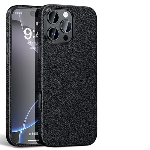 DHONGGY Echte Leder hülle für iPhone 16 Pro Max/16Plus/16Pro/16, Magnetische Saug Abdeckung, Faser Futter Interne Schale Ultra Slim Case, Schwarz, 16 von DHONGGY