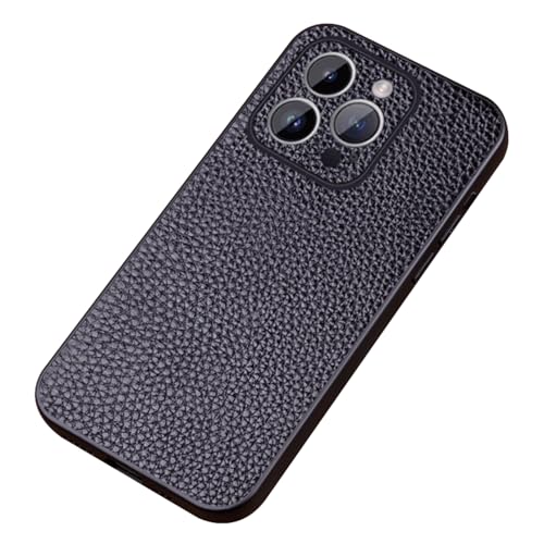 DHONGGY Echtes Leder Fall für iPhone 16 Pro Max/16Plus/16Pro/16, Luxus Lychee Textur Fall All -Inclusive Lens Schutz schlanke Abdeckung, Schwarz, 16Pro von DHONGGY