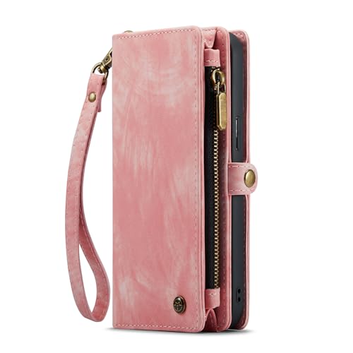 DHONGGY Fall für iPhone 16ProMax/16Plus/16Pro/16, magnetisch abnehmbare Telefon hülle Business Leder Geldbörse Handgelenks tange Stand Folio Cover, Rosa, 16 Pro Max (16 Plus, Rosa) von DHONGGY