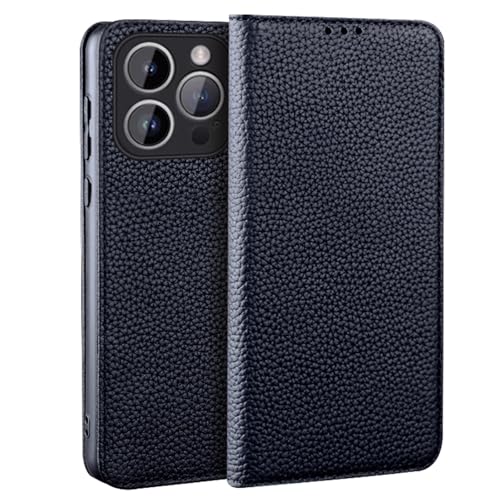 DHONGGY Flip Case für iPhone 16 Pro Max/16Plus/16Pro/16, Luxus Echt Leder Abdeckung Magnetischer Verschluss Lychee Textur Folio Telefon hülle, Schwarz, 16 Pro Max von DHONGGY