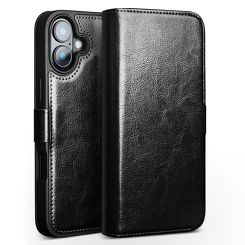 DHONGGY Schwarz, 16 Pro Max, Portemonnaie Hülle für iPhone 16 Pro Max/16 Pro/16 Plus/16, Luxus Echtleder Tasche Klassisch Hochglanz-Flip Magnetic Folio Cover Stoßfest von DHONGGY