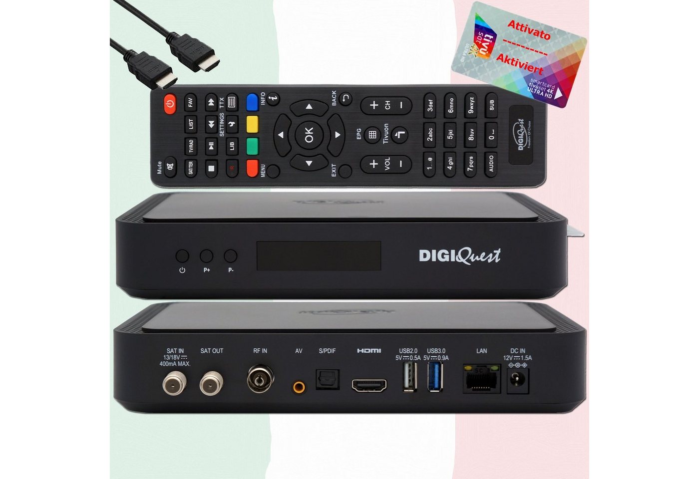 DIGIQuest TivuSat Karte 4K UHD + DIGIQuest Q90 4K H.265 Sat Receiver (akiviert) SAT-Receiver von DIGIQuest