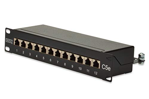 DIGITUS Cat-5e Patchpanel - 12 Ports - RJ45-Buchsen - 10-Zoll Rack-Mount 1HE - LSA Verteilerfeld - Geschirmt - Schwarz von DIGITUS