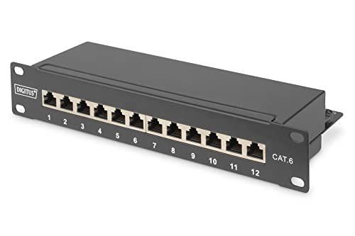 DIGITUS Cat-6 Patchpanel - 12 Ports - RJ45-Buchsen - 10-Zoll Rack-Mount 1HE - LSA Verteilerfeld - Geschirmt - Schwarz von DIGITUS