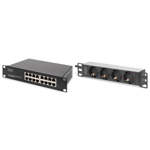 DIGITUS Gigabit Ethernet Netzwerk-Switch - 10 Zoll - 16 Ports & 4-Fach Steckdosenleiste - 1HE - 10-Zoll (254 mm) - Rack-Montage in Netzwerk-Schrank - Silber/Schwarz von DIGITUS