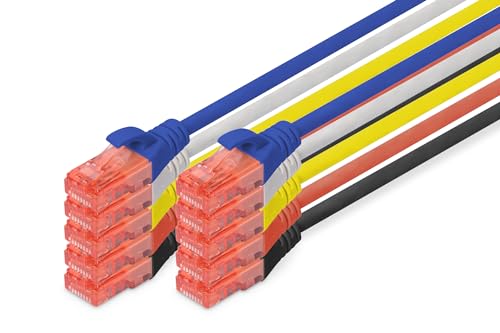 DIGITUS Set: Netzwerkkabel Cat 6 – 0,5m – 10 Stück – RJ45 Stecker – U/UTP Ungeschirmt – Ethernet Kabel, LAN Kabel – Kompatibel zu Cat 6A & Cat 7 – 2x Grau / 2x Schwarz / 2x Rot / 2x Gelb / 2x Blau von DIGITUS