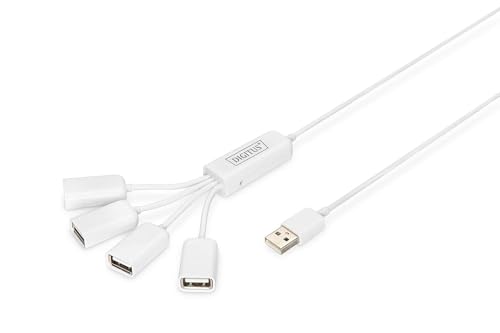 DIGITUS USB-Hub - 4 Ports - High-Speed USB 2.0 - 480 MBit/s - Spider USB Hub - Stromversorgung per USB / Netzteil - Weiß von DIGITUS