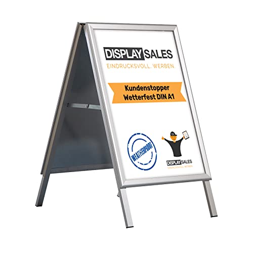 DISPLAY SALES Kundenstopper wetterfest A1 in Silber | Plakatständer mit 25 mm Profil für DIN A1 Plakate | Outdoor Poster Aufsteller mit Wasserablauflöchern und 2 PET Folien von DISPLAY SALES