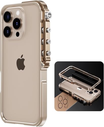 DISXKAER Hülle für Phone 15 Pro Max, Hülle Dünne Schutzhülle Metall Bumper Case Mechanisches Schraubknopf-Design, Militärischer Schockschutz, mit gehärteter Glaslinsenfolie (iPhone 15pro,Gold) von DISXKAER