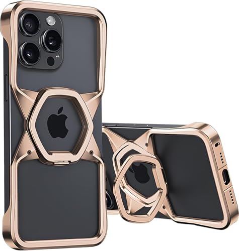 Metall Handyhülle für iPhone 14 Pro Max,Minimalistische Magnetische Rahmenloses drehbarem Ringständer, Harte, stoßfeste Handyhülle aus Aluminiumlegierung, Bumper mit Mag Safe (iPhone 14,Gold) von DISXKAER