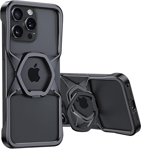 Minimalistische Magnetische Rahmenloses Metall Handyhülle für iPhone 16 Pro Max,drehbarem Ringständer, Harte, stoßfeste Handyhülle aus Aluminiumlegierung, Bumper mit Mag Safe (iPhone 16promax,Schwarz) von DISXKAER