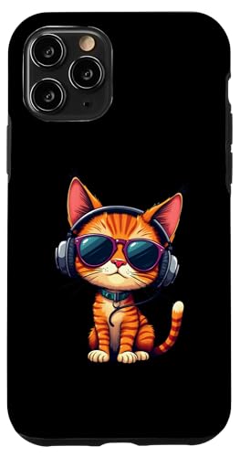 Hülle für iPhone 11 Pro Lustige Katze mit Sonnenbrille und Kopfhörern Musik Katzen von DJ Katze Design Hip Hop Grafik Outfit Cooler Kater