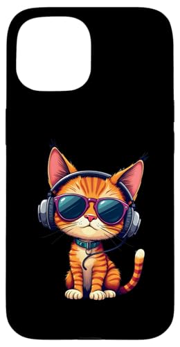 Hülle für iPhone 15 Lustige Katze mit Sonnenbrille und Kopfhörern Musik Katzen von DJ Katze Design Hip Hop Grafik Outfit Cooler Kater