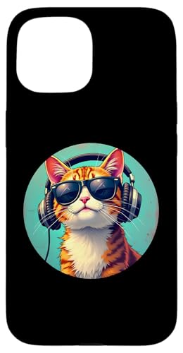 Hülle für iPhone 15 Lustige Katze mit Sonnenbrille und Kopfhörern Musik Katzen von DJ Katze Design Hip Hop Grafik Outfit Cooler Kater