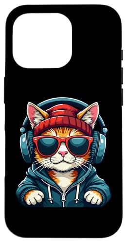 Hülle für iPhone 16 Pro Lustige Katze mit Sonnenbrille und Kopfhörern Musik Katzen von DJ Katze Design Hip Hop Grafik Outfit Cooler Kater