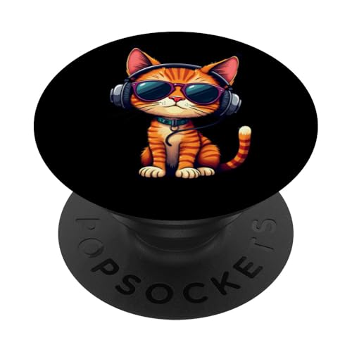 Lustige Katze mit Sonnenbrille und Kopfhörern Musik Katzen PopSockets Klebender PopGrip von DJ Katze Design Hip Hop Grafik Outfit Cooler Kater