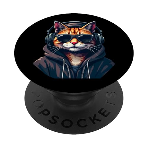 Lustige Katze mit Sonnenbrille und Kopfhörern Musik Katzen PopSockets Klebender PopGrip von DJ Katze Design Hip Hop Grafik Outfit Cooler Kater