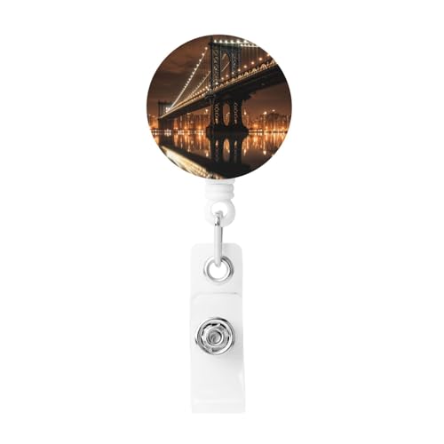 New York Manhattan Bridge Night einziehbarer Ausweishalter mit Clip, robuster Karabiner, Namenskartenhalter für Schlüsselanhänger, Büroangestellte, Arzt, Krankenschwester von DJUETRUI