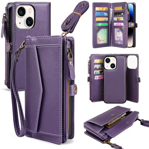DKDKSIP Schutzhülle für iPhone 13, unterstützt kabelloses Laden mit RFID-blockierendem Kartenhalter, PU-Leder, Brieftasche, abnehmbare magnetische Handyhülle, Crossbody-Gurt, Violett von DKDKSIP